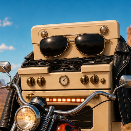 SuperStove, a cream kitchen range wearing aviator sunglasses and a leather jacket, riding a chopper through Monument Valley.