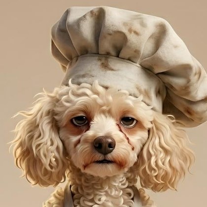 Vincenzino the cream poodle under a stained chef's toque, half-lidded and unimpressed.