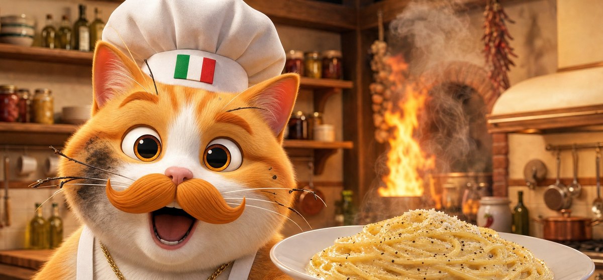 Fufi, soot-smudged, grinning and holding a plate of cacio e pepe while a fire burns behind him.