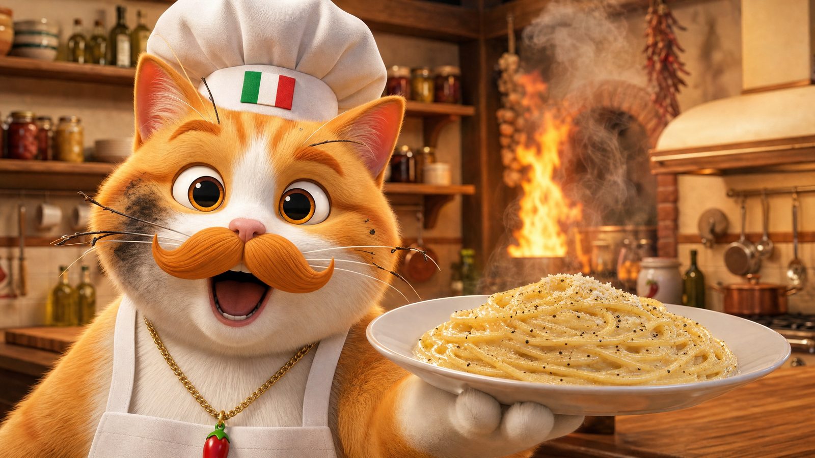Watch Episode One, Cacio e Pepe — Fufi, soot-smudged, holds out a finished plate of pasta while a fire burns behind him.