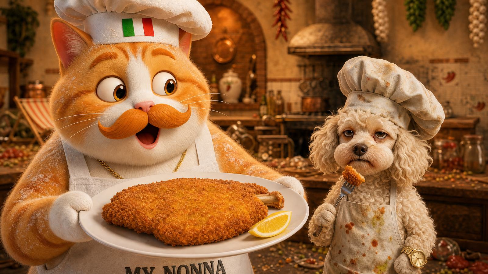Watch the latest episode, Cotoletta alla Milanese — Fufi holds out a golden bone-in cotoletta while Vincenzino, beside him, eats a piece off a fork.