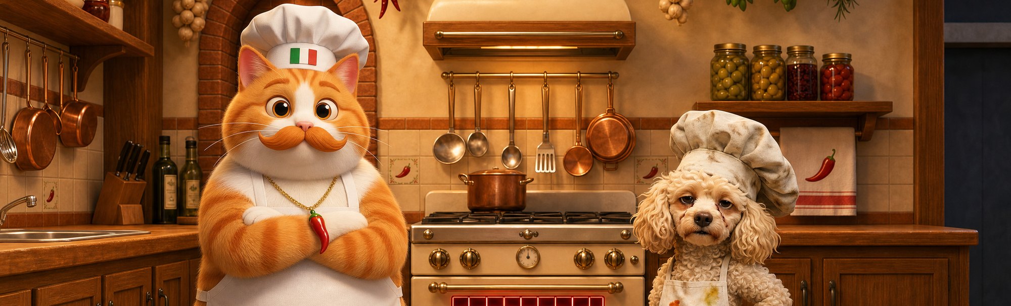 Chef Fufi, the orange cat, arms folded, and Vincenzino the cream poodle in a stained chef's hat, standing either side of the kitchen range in a warm Italian kitchen.