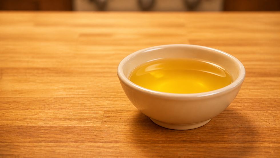 A small bowl of clear golden clarified butter on a wooden counter.