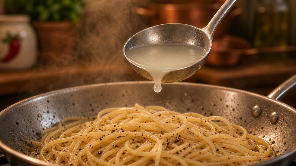 A ladle of cloudy pasta water being poured into a pan of spaghetti.