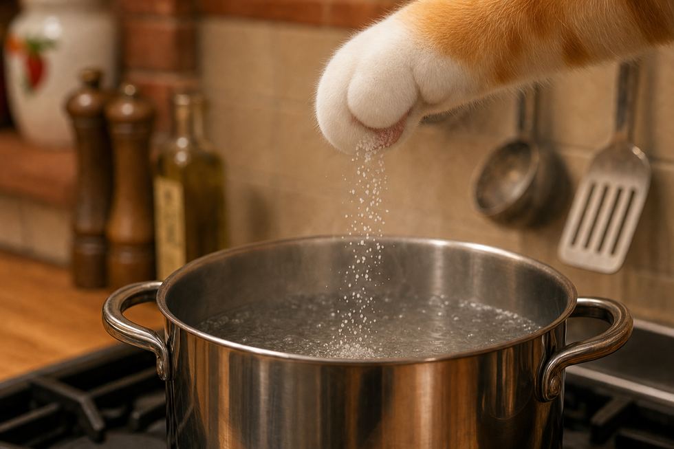 A cat’s paw sprinkling salt into a pot of boiling water.