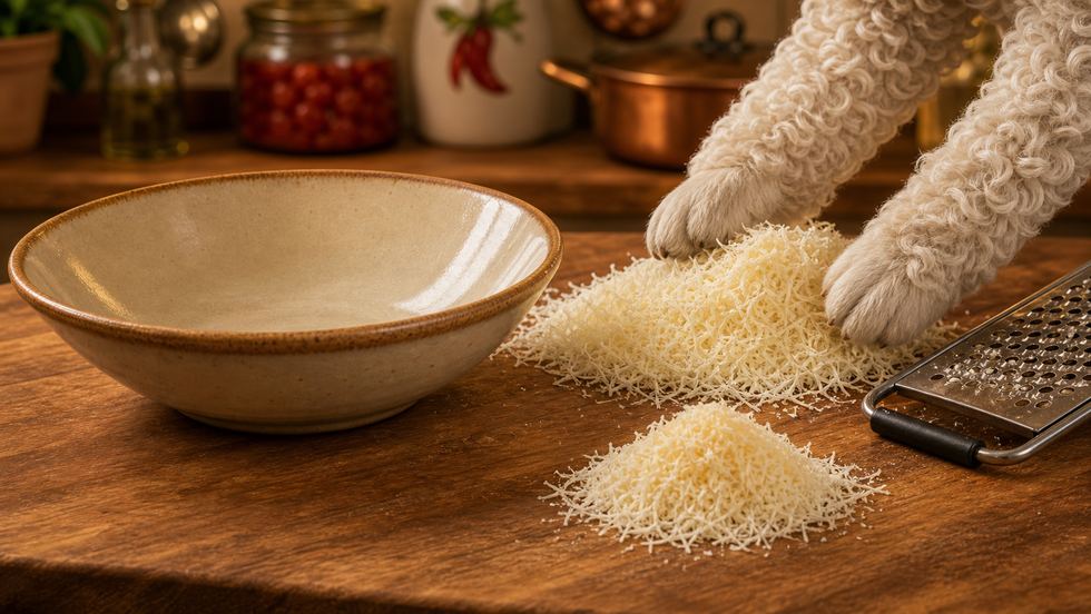Pecorino Romano being grated into a fine powdery heap beside a bowl and a box grater.