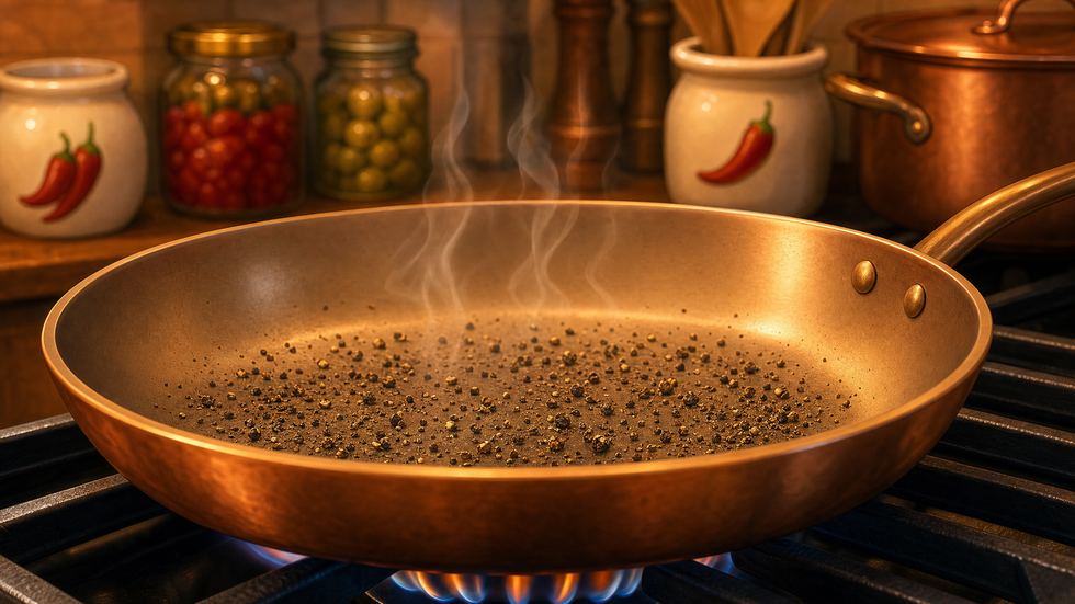 Coarsely crushed black peppercorns scattered across a dry copper pan over a low flame, faint smoke rising.