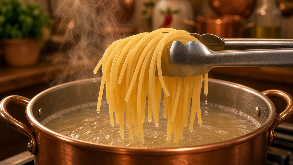 Tongs lifting spaghetti out of a copper pot of boiling water, still steaming.