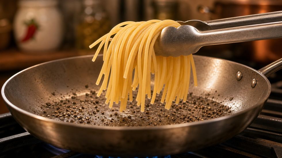 Tongs lowering spaghetti into a wide pan scattered with coarsely crushed black pepper.
