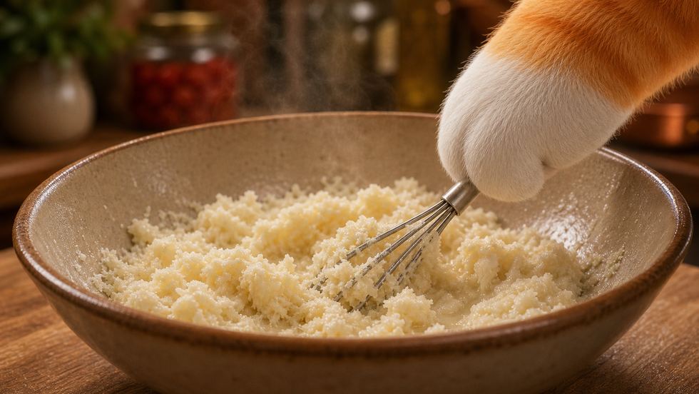 A cat’s paw working a small whisk through grated pecorino in a shallow bowl.