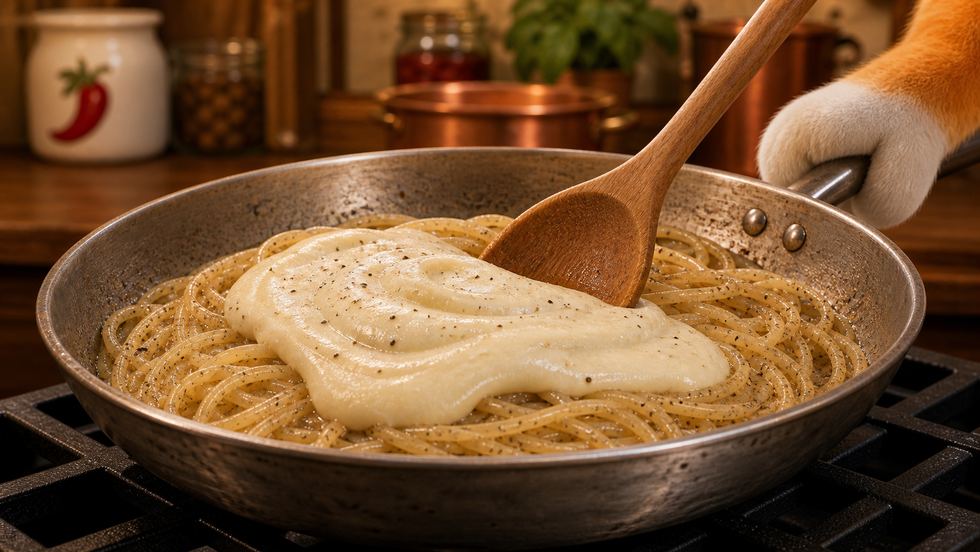 A cat’s paw folding a pale pecorino cream through spaghetti with a wooden spoon in an unlit pan.