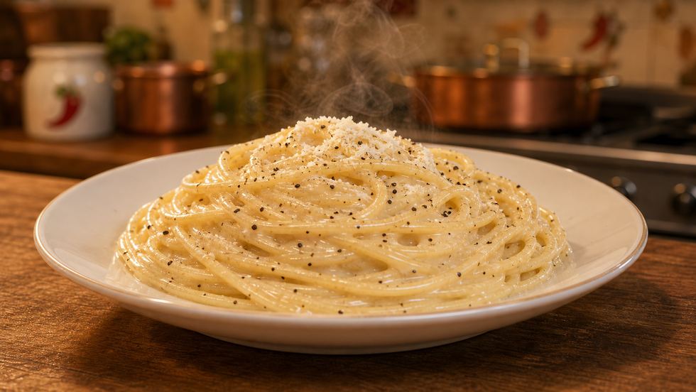 A plate of finished cacio e pepe, twisted into a nest and dusted with black pepper.