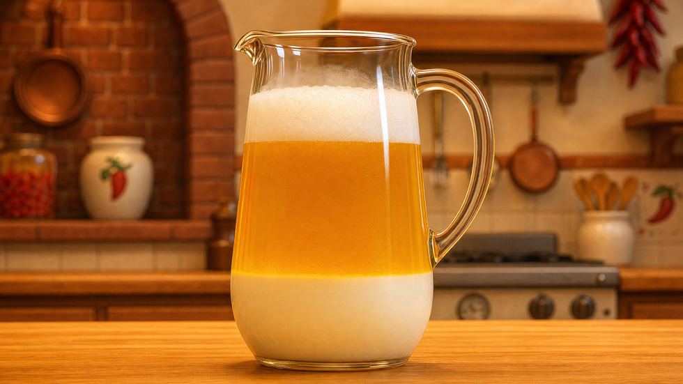 Melted butter standing in a glass jug, separated into white foam on top, clear amber in the middle and milky sediment at the bottom.