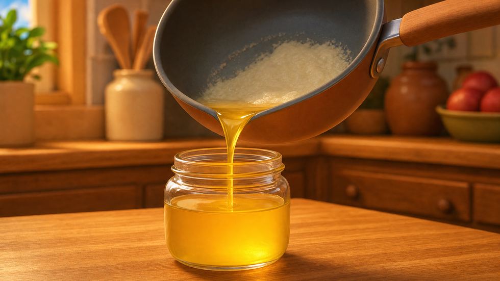 Clear golden butterfat being poured from a pan into a glass jar, with milky sediment left behind in the pan.