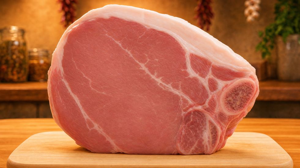 A thick raw veal rib chop with its short bone, resting on a wooden board on the kitchen counter.