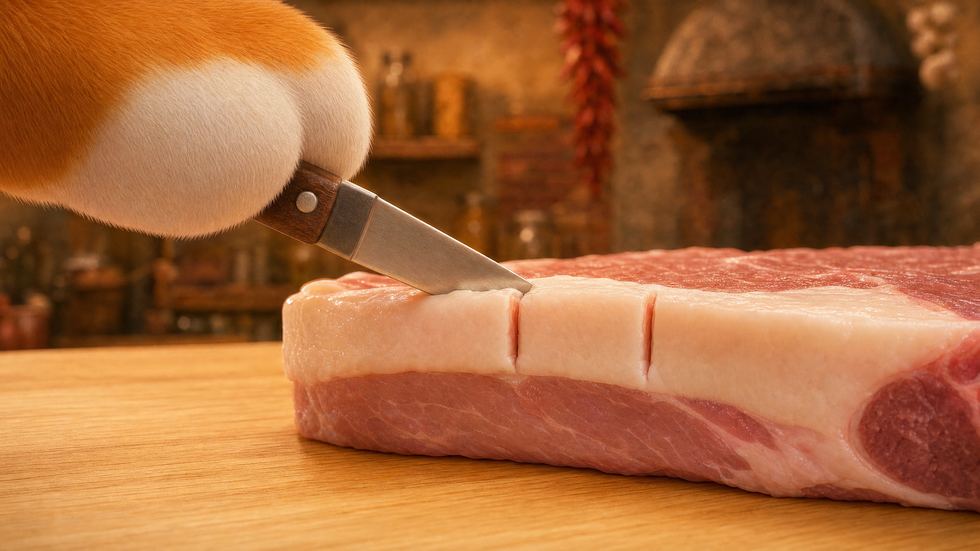A cat’s paw drawing a small knife through the white band of fat along the rim of a raw veal chop.
