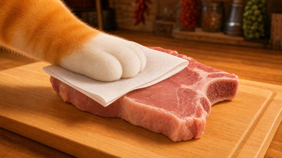 A cat’s paw pressing a folded sheet of white kitchen paper onto the surface of a raw veal chop.
