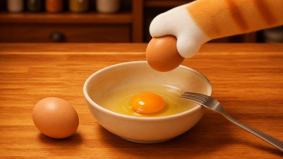 A cat’s paw cracking an egg into a shallow bowl beside a fork and a second whole egg.