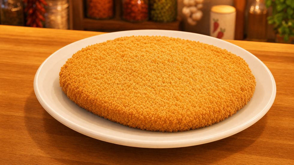 A breaded bone-in veal chop resting on a white plate, its coat pale and even.