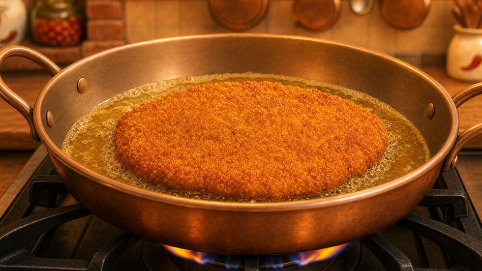 A breaded bone-in veal chop frying in a shallow pool of golden clarified butter in a copper pan over a low flame.