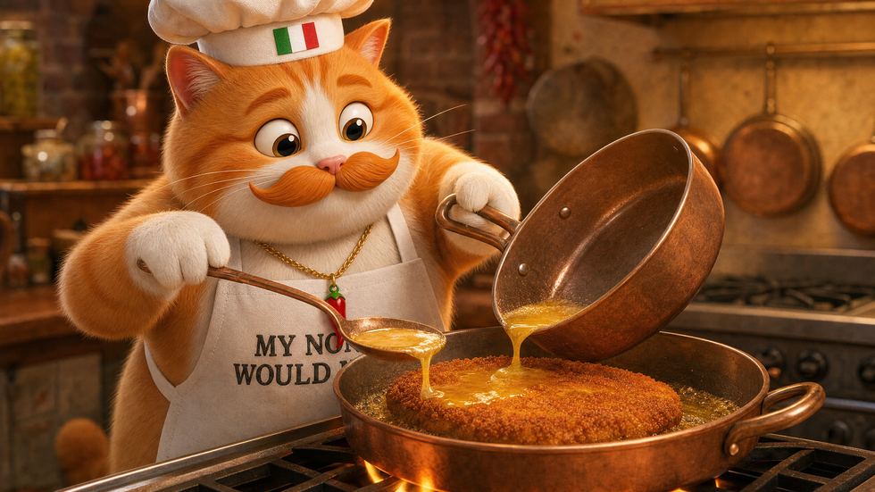 Fufi tilting a copper pan and spooning hot golden butter over the top of a frying breaded chop.