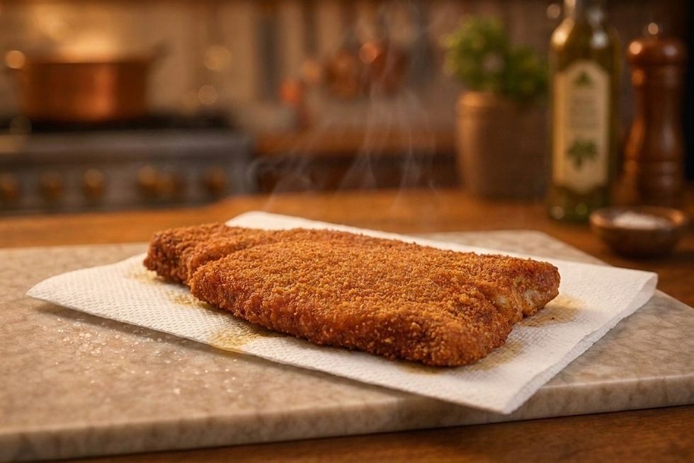 A golden fried cotoletta resting on white paper on a marble board, steam rising from the crust.