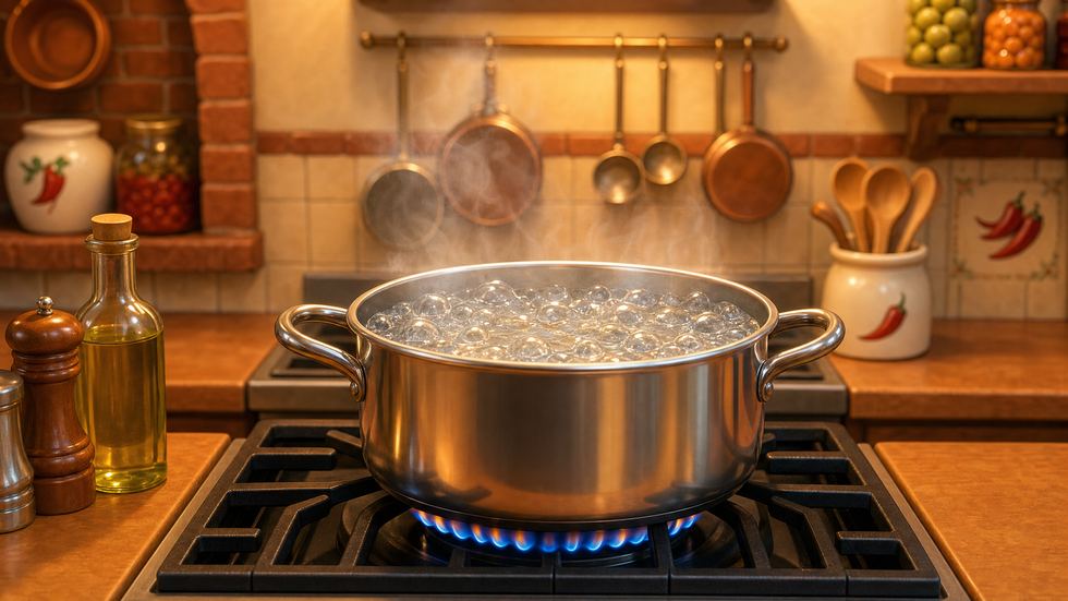 A pot of water at a full rolling boil on a gas hob, steam rising.