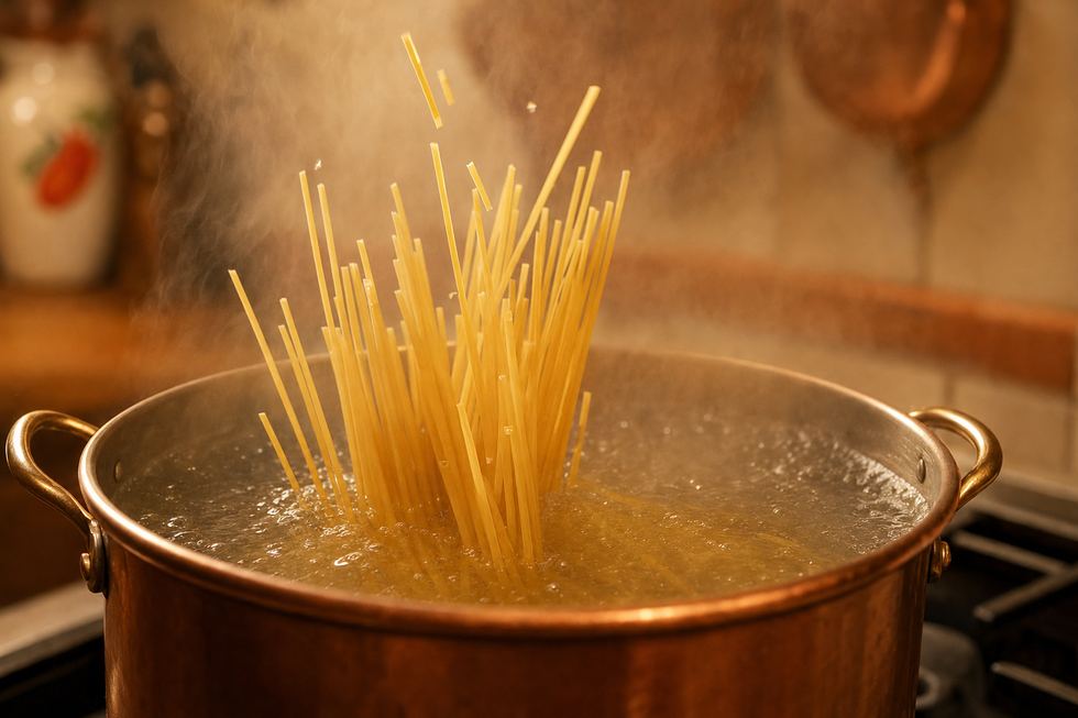 Long spaghetti standing in a copper pot of boiling water, softening and sliding under.