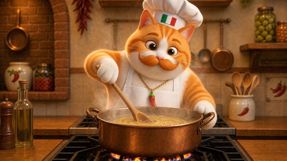 Fufi drawing a wooden spoon through spaghetti in a pot of boiling water.