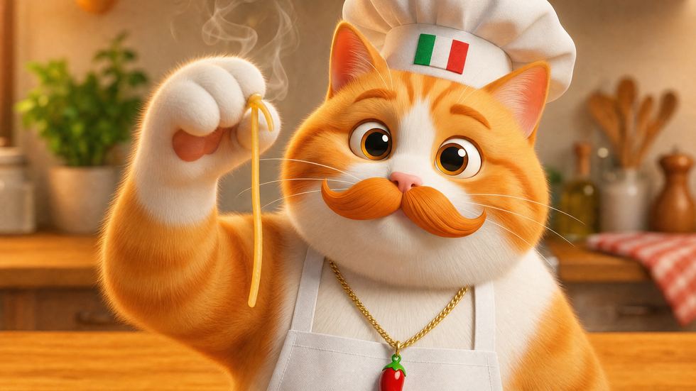 Fufi holding up a single strand of cooked spaghetti, steam coming off it.